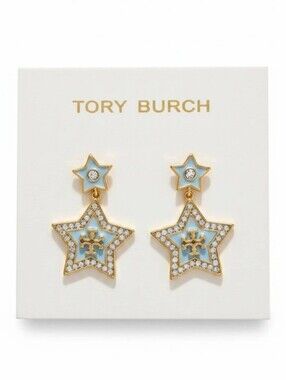 Tory Burch Light Blue Enamel & Gold Star Stud Earrings with Crystal